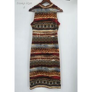 Gabby Skye Mock Neck Sheath Dress Animal‎ Aztec Print Midi Stretch Size 8